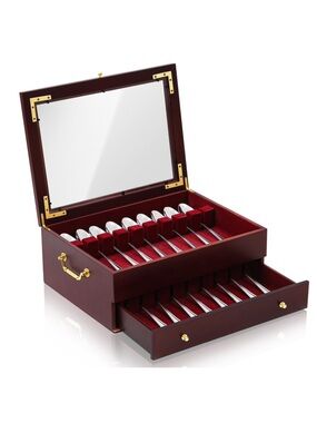 Wooden Silverware Storage Case Box  Glass Lid With Handle Felt Lined SHIPALONE
